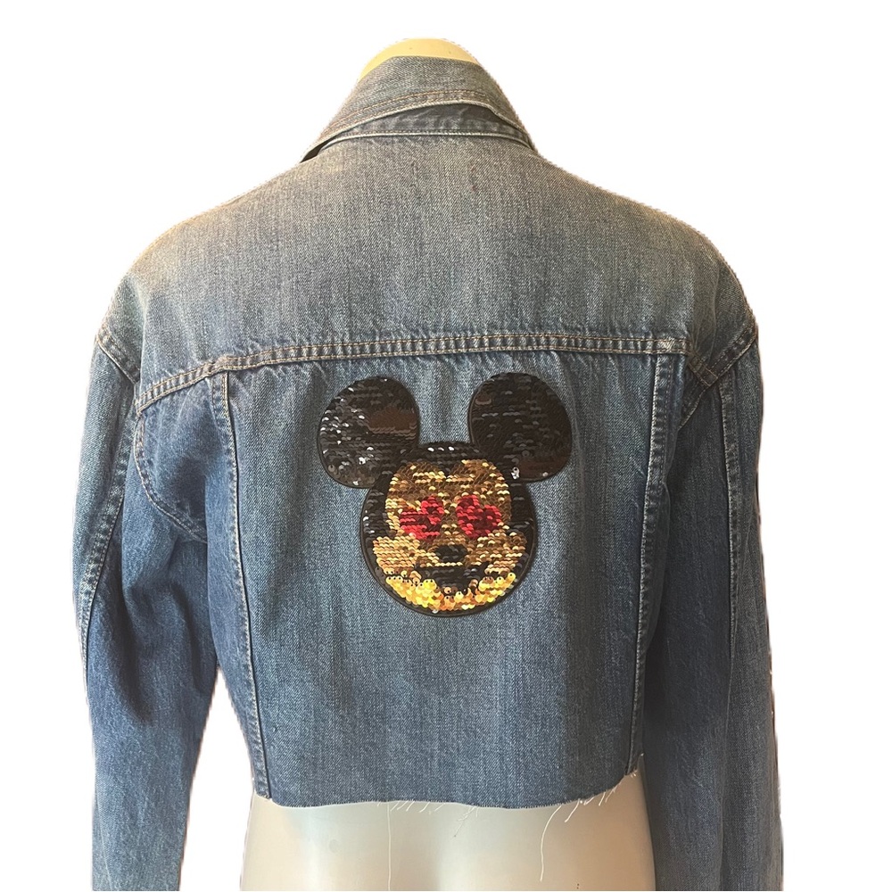 Alice + Olivia cropped jean jacket with sequins mouse patch